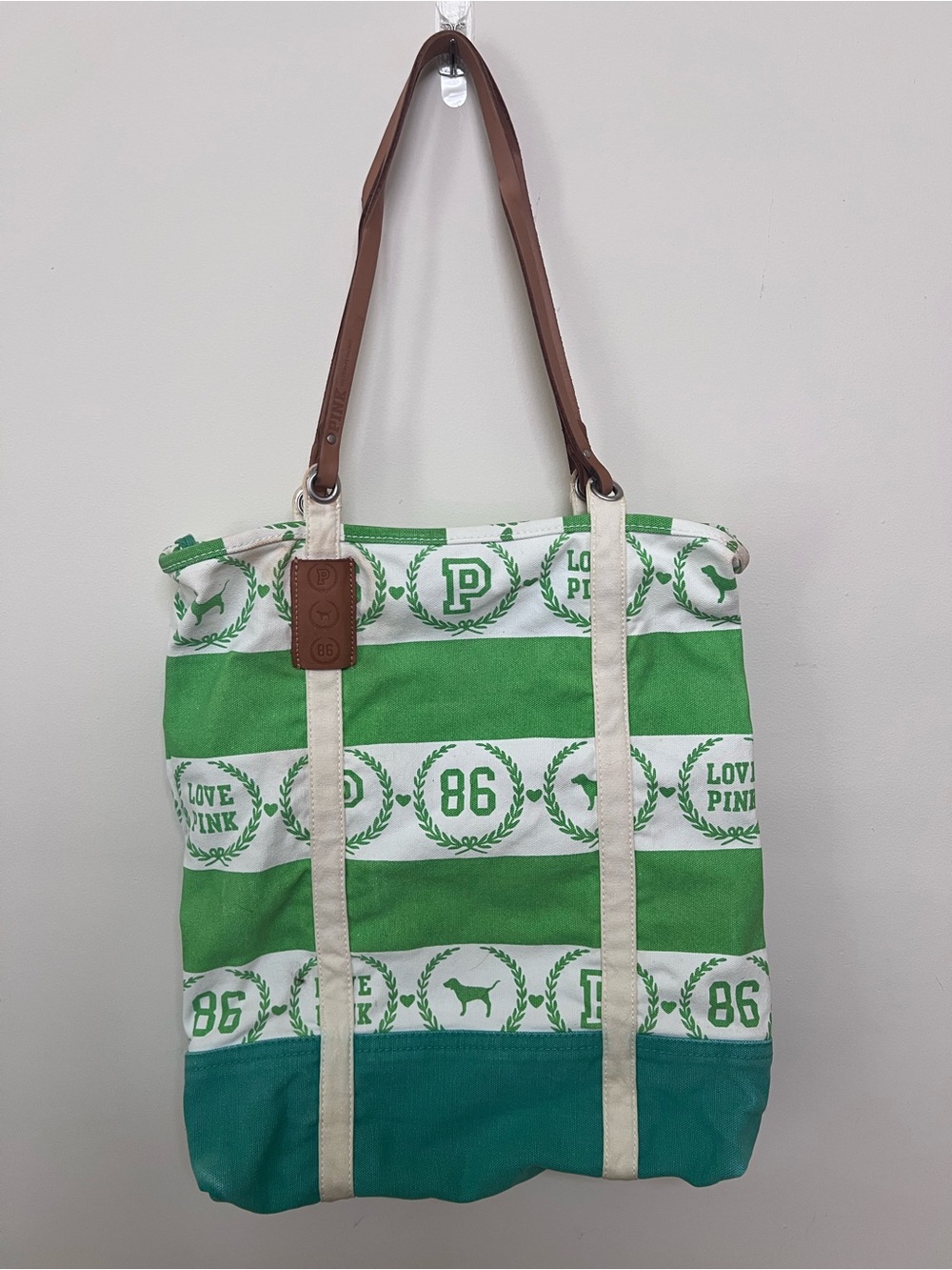 PINK Victoria's Secret Green and Teal Striped Canvas Tote with Tan Handles
